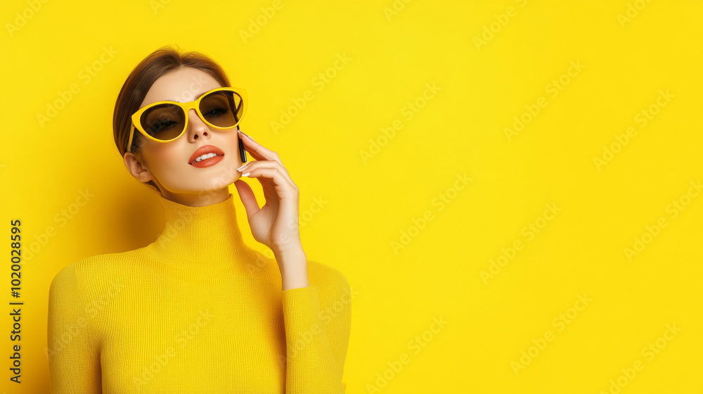 Stylish woman in yellow turtleneck and sunglasses against vibrant yellow background, exuding confidence and modern fashion Stylish woman in yellow turtleneck and sunglasses against vibrant yellow background, exuding confidence and modern fashion