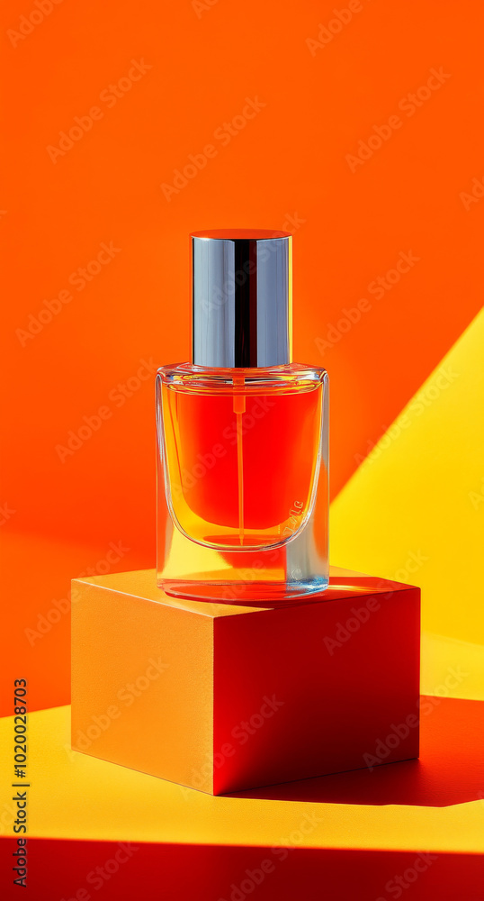 A vibrant orange perfume bottle stands elegantly on geometric orange pedestal, set against bright yellow and orange backdrop, creating striking visual contrast