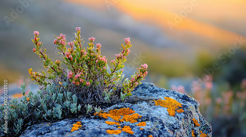 beautiful closeup of branches, rocksand fynbos on a hill, beautiful nature, moss, blurred background