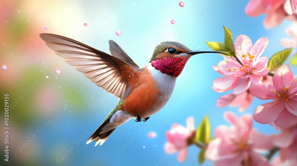 Fototapeta premium Vibrant Hummingbird Hovering Near Blooming Flower
