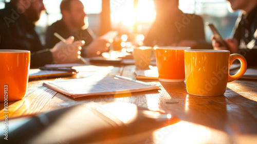 Bright sunlight streams through window, illuminating table filled with coffee cups and documents. warm colors create cozy atmosphere, perfect for collaboration and creativity