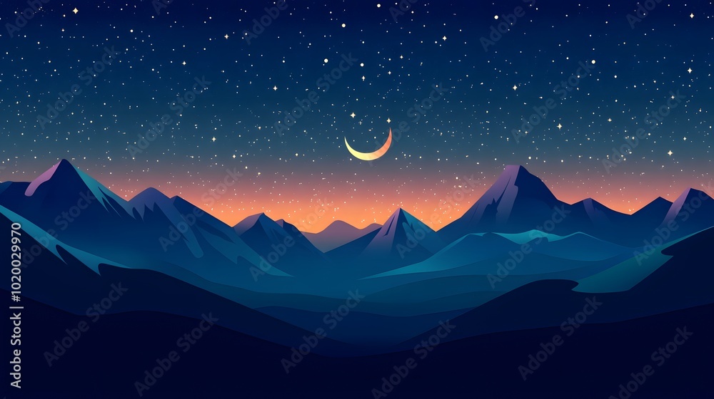Fototapeta premium Mountain Landscape Night Sky Crescent Moon Stars Background Illustration
