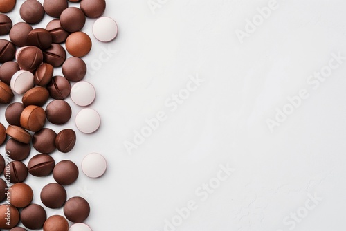An assortment of brown and white pills scattered on the left side of a clean white background, creating a minimalist composition with ample space for text on the right