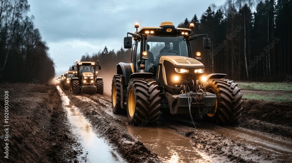 Tractors driving on a muddy road in a rural area with forested surroundings, creating tire tracks and reflections in the water on a cloudy day Tractors driving on a muddy road in a rural area with forested surroundings, creating tire tracks and reflections in the water on a cloudy day