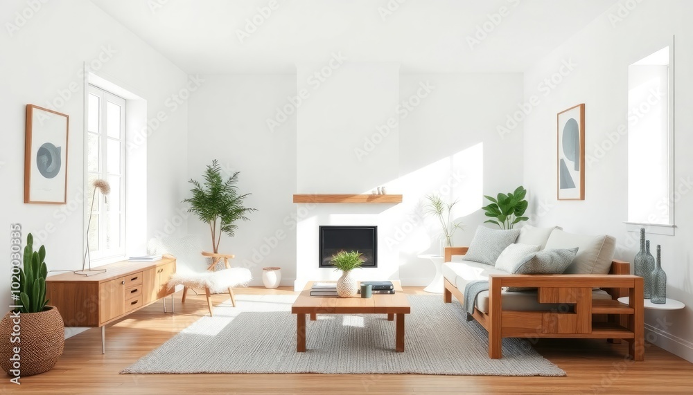 Modern Scandinavian living room with a focus on sustainability, featuring reclaimed wood furniture, white walls with a smooth finish, and a woven wool rug in soft gray tones. Modern Scandinavian living room with a focus on sustainability, featuring reclaimed wood furniture, white walls with a smooth finish, and a woven wool rug in soft gray tones.
