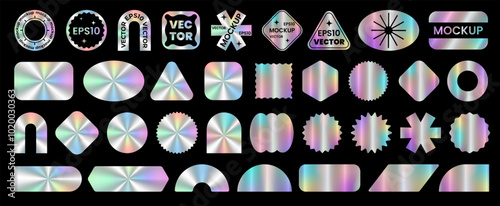 Large set of colorful neon stickers, blank templates, label with holographic effect. Shiny rainbow emblems of different shapes. Realistic mockup for shopping icons. Gradient hologram. Vector EPS10