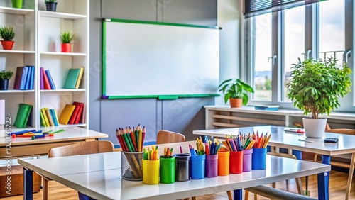 Teacher Whiteboard in a Classroom Setting with Colorful Markers and Educational Materials Nearby