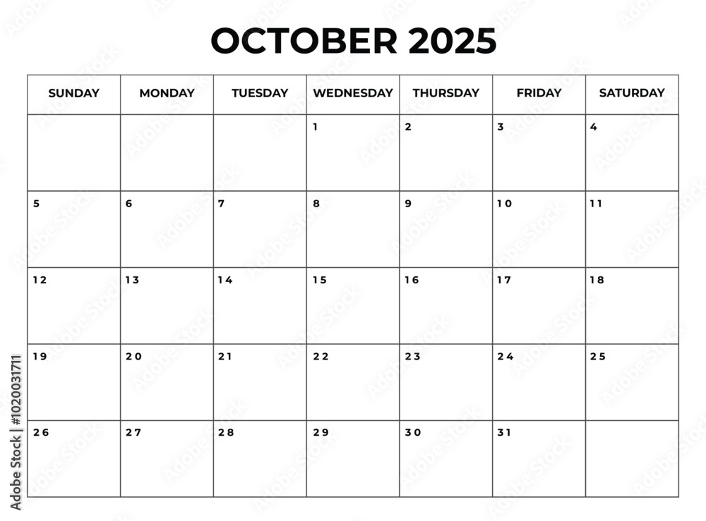 October 2025 Monthly Calendar design with Notes and week starts from sunday