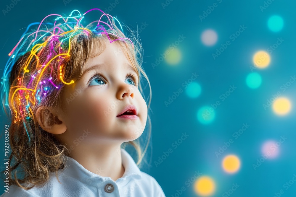 Child with colorful light effects representing imagination and creativity.