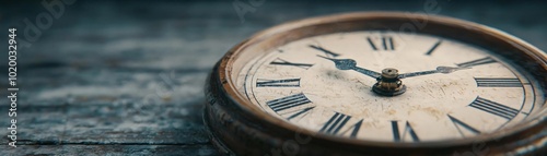 A vintage clock on a rustic wooden surface, showcasing intricate details and an antique design that adds charm to any space.