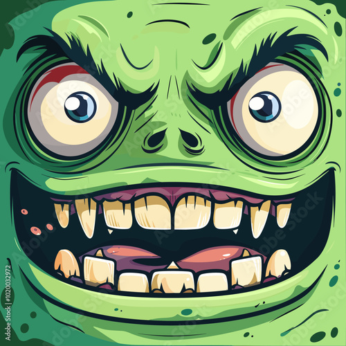 A green monster with big teeth and a big smile. It looks like it's happy and ready to eat something