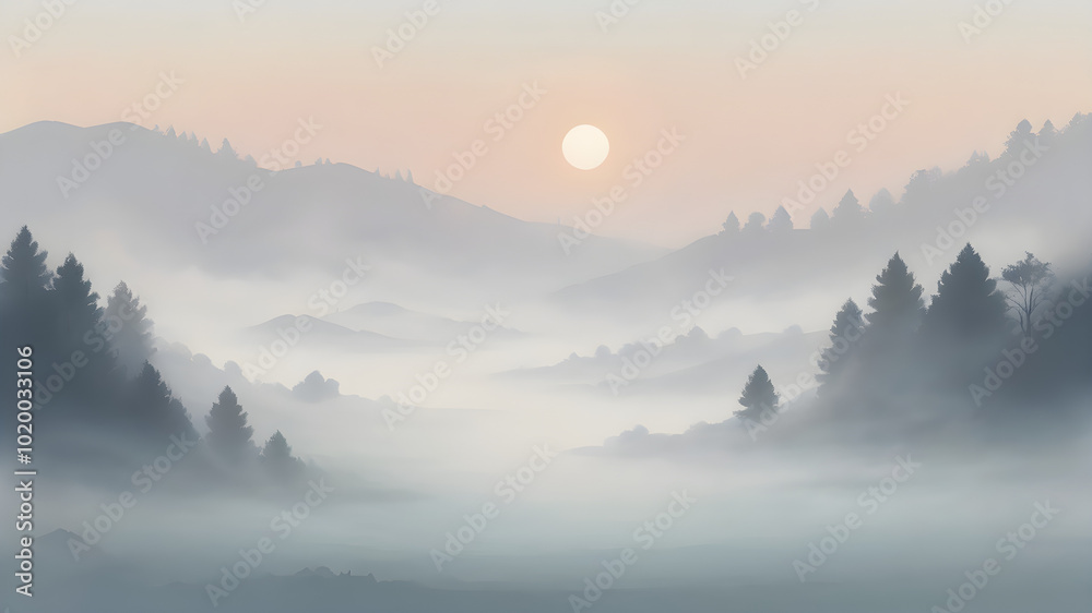 A tranquil scene of a misty sky at dawn, with the landscape partially obscured by fog and the soft light of morning breaking through
A tranquil scene of a misty sky at dawn, with the landscape partially obscured by fog and the soft light of morning breaking through