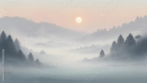 A tranquil scene of a misty sky at dawn, with the landscape partially obscured by fog and the soft light of morning breaking through 