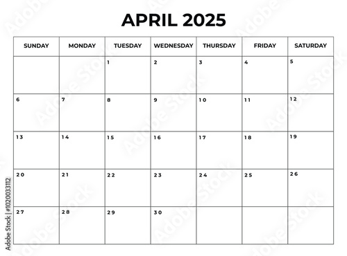 April 2025 Monthly Calendar design with clean look and week starts from sunday