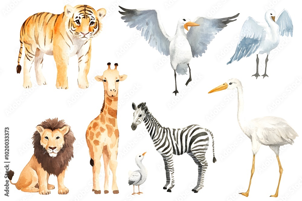 Obraz premium Watercolor Safari Animals Set Tiger Zebra Giraffe Lion Stork Bird Clipart Illustra