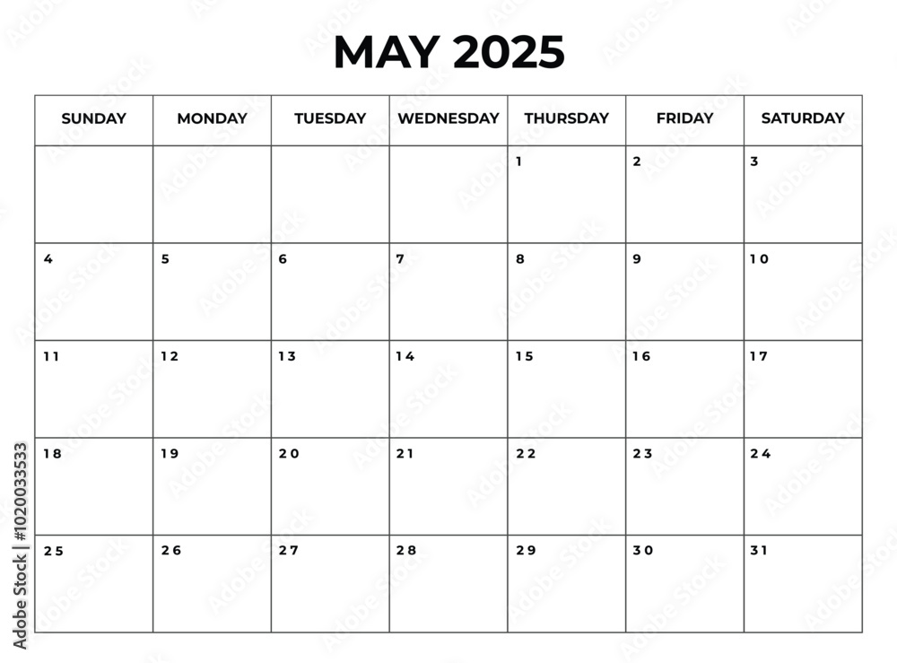 May 2025 Monthly Calendar design with Notes and week starts from sunday