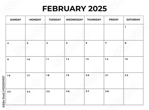 February 2025 Monthly Calendar design with Notes and week starts from sunday