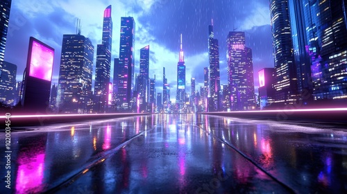 Futuristic Cityscape at Night with Neon Lights