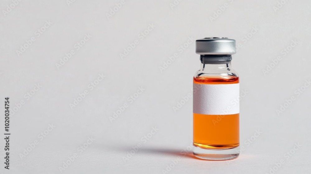 A close-up of a glass vial filled with orange liquid against a neutral background, perfect for pharmaceutical and medical themes. A close-up of a glass vial filled with orange liquid against a neutral background, perfect for pharmaceutical and medical themes.