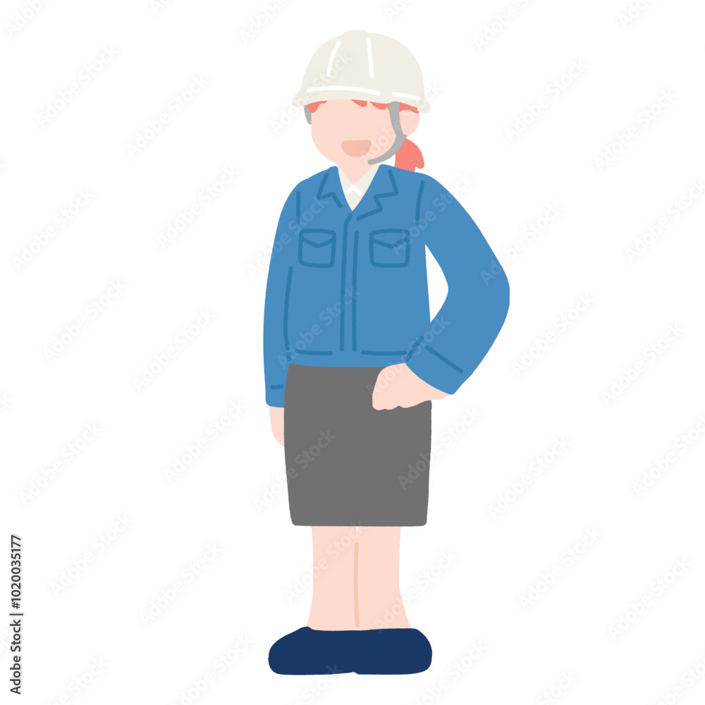 腰に手をあてて立つヘルメットをかぶった作業服・スカートの女性のフラットなイラスト
