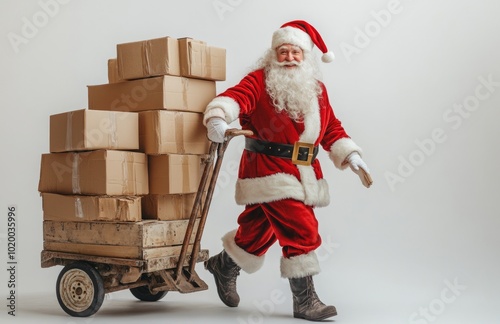 Santa Claus with Hand Truck and Cardboard Boxes on White Background photo