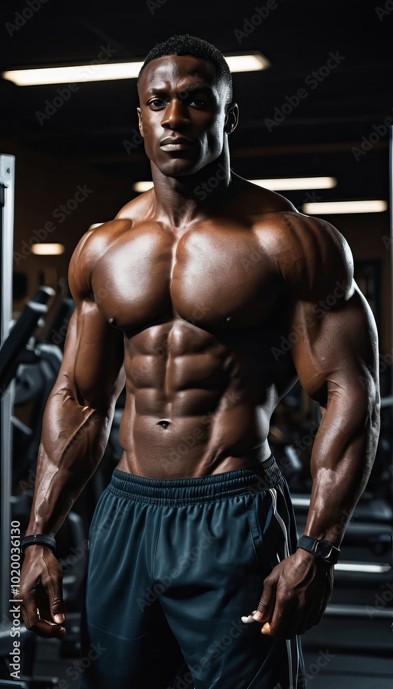 Bodybuilder showcasing strength in a well-lit gym during the evening workout Bodybuilder showcasing strength in a well-lit gym during the evening workout