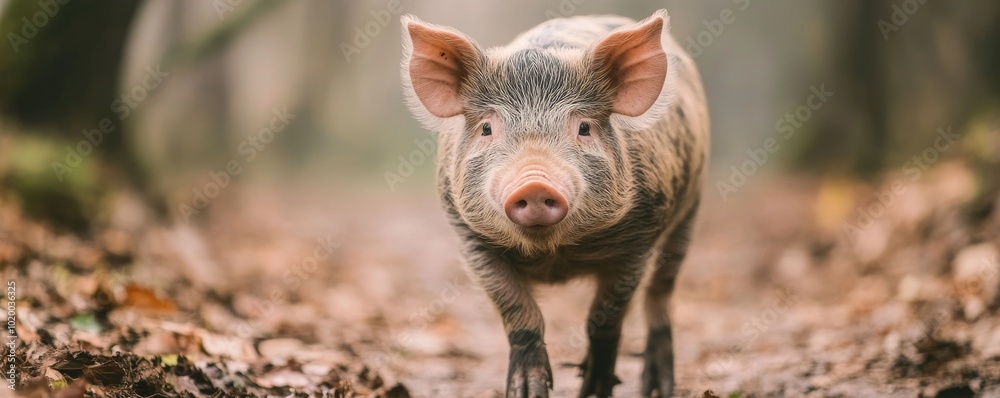 Curious pig walking down a forest path with fallen leaves around. Curious pig walking down a forest path with fallen leaves around.