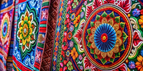 Traditional Bai Ya Nang Art with Colorful Patterns and Intricate Designs on Fabric Background