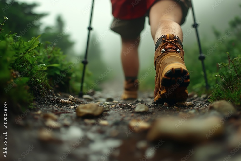 A close-up of a hiker's boots walking on a rocky, mist-covered forest trail. The scene captures the moist ground, trekking poles, and lush greenery, emphasizing the serenity of a misty hike A close-up of a hiker's boots walking on a rocky, mist-covered forest trail. The scene captures the moist ground, trekking poles, and lush greenery, emphasizing the serenity of a misty hike