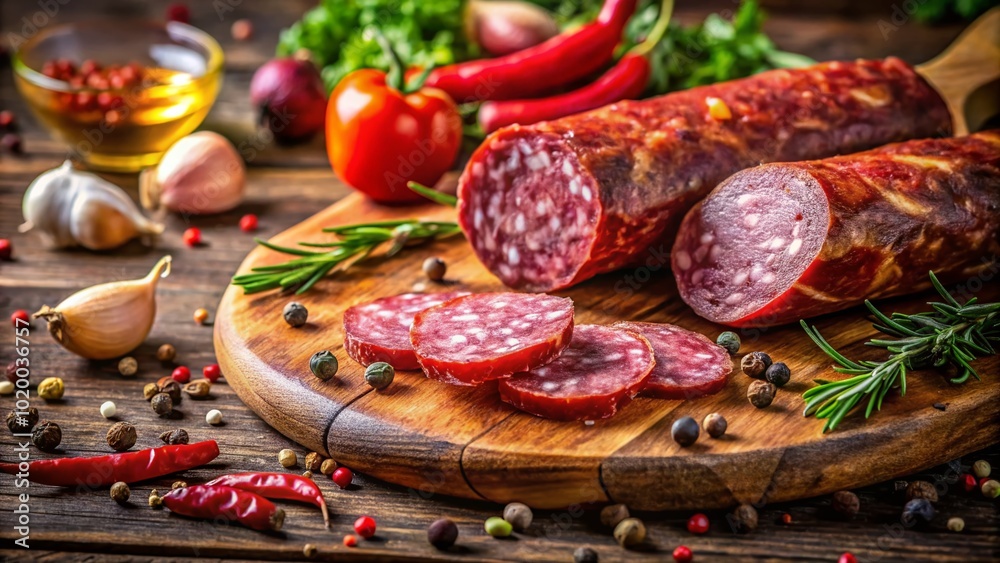 Traditional Dominican Republic Salami on Wooden Board with Fresh Ingredients and Spices Displayed Traditional Dominican Republic Salami on Wooden Board with Fresh Ingredients and Spices Displayed