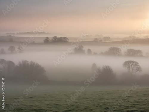 A tranquil scene of a misty sky at dawn, with the landscape partially obscured by fog and the soft light of morning breaking through 