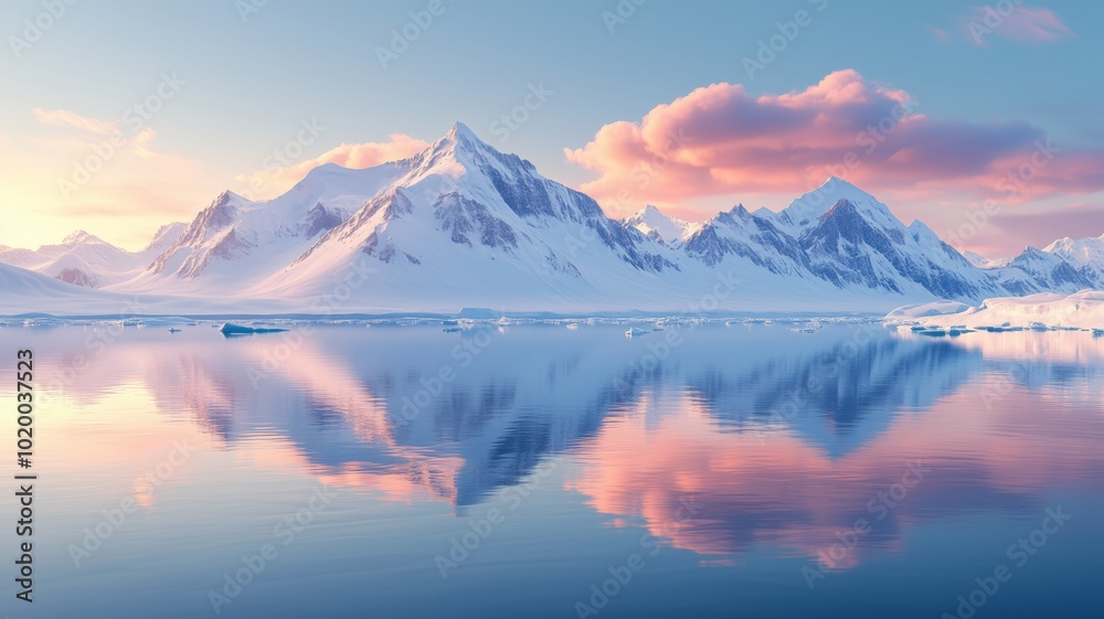 Fototapeta premium Majestic Winter Landscape with Snowy Peaks and a Tranquil Ice-Covered Lake - Made with Generative AI