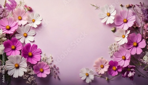 Blush and lavender cosmos flowers arranged delicately in a cycle-shaped border. blank space for creative greeting card etc