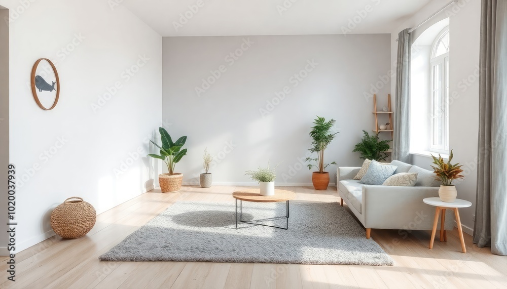 Living room with Scandinavian design and natural textures, featuring smooth white walls, light wood flooring, and a gray wool rug. A few carefully placed plants enhance the cozy atmosphere. Living room with Scandinavian design and natural textures, featuring smooth white walls, light wood flooring, and a gray wool rug. A few carefully placed plants enhance the cozy atmosphere.