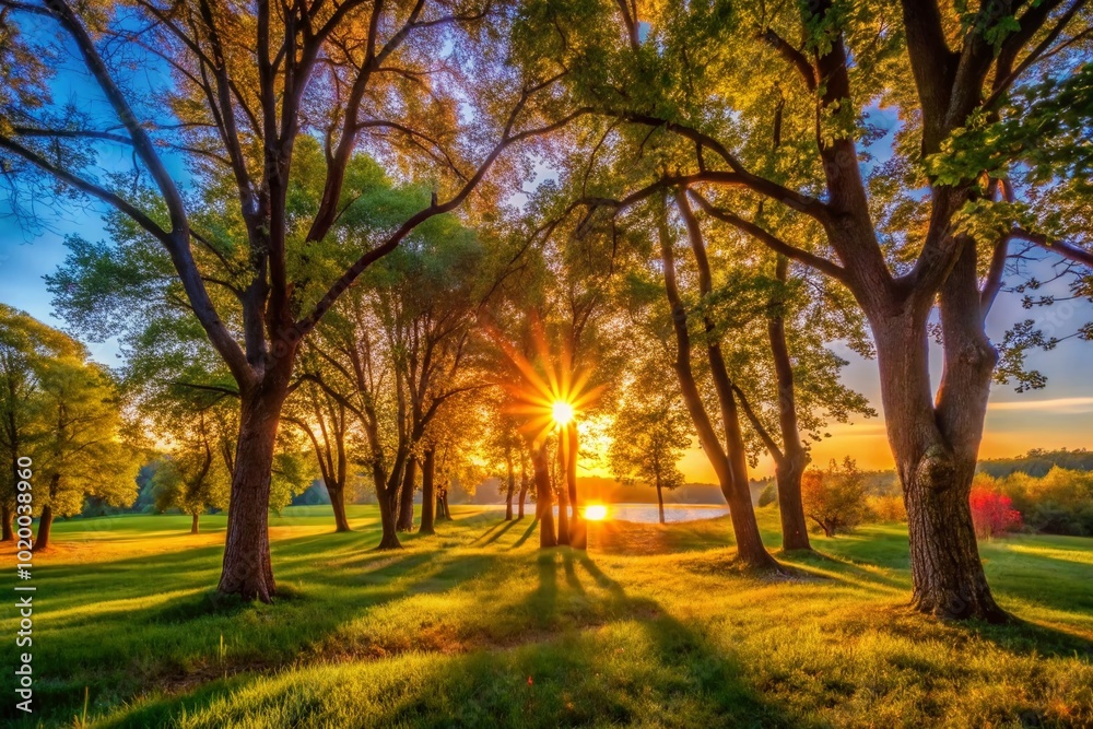 Obraz premium Tranquil Afternoon Light Shining Through Trees in a Peaceful Natural Landscape Setting