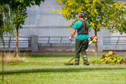 Worker using a grass trimmer to maintain a park, wearing protective gear and cutting grass near a sidewalk photo