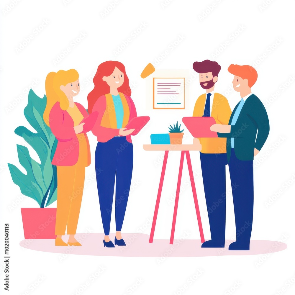 A vibrant team meeting scene with four professionals discussing ideas and collaborating in a modern office setting. A vibrant team meeting scene with four professionals discussing ideas and collaborating in a modern office setting.