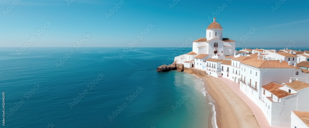 Naklejka premium Serene Coastal Village A Tranquil Escape by the Sea with Scenic Whitewashed Architecture
