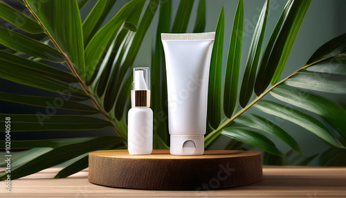 Mockup unbranded cream tube and bottle on wooden podium with green leaf