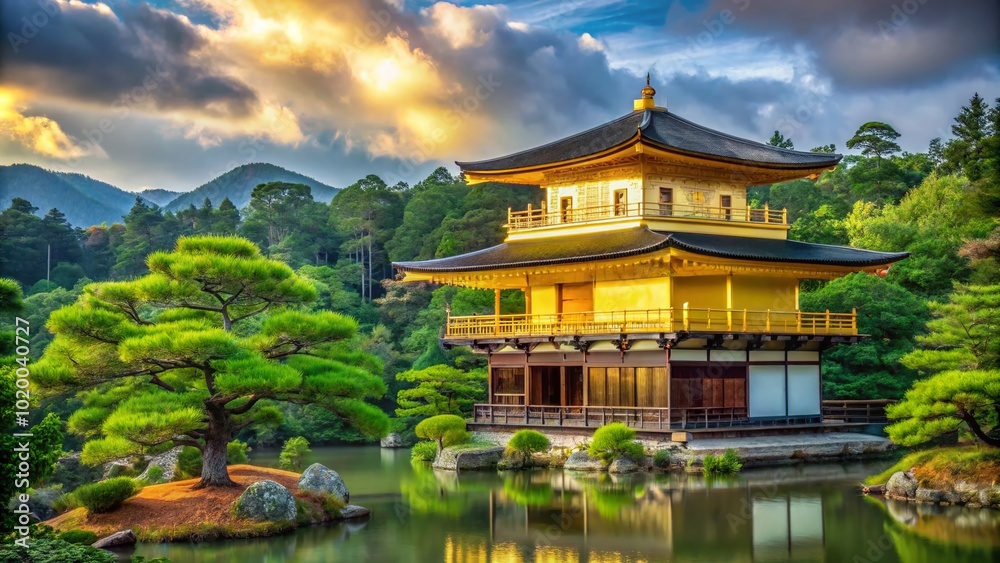 Obraz premium Tranquil golden pagoda surrounded by lush greenery in Kyoto, Japan during a sunny day in spring