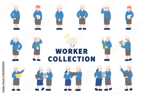 いろいろなポーズをしたヘルメット・作業服・スカートの女性[全身]のフラットなイラスト(セット)
