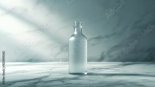 A frosted glass bottle on a marble surface with soft lighting.