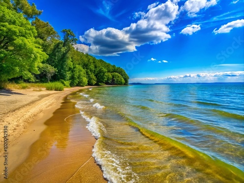 Tranquil Sandy Point State Park Beach with Gentle Waves and Clear Blue Skies on a Sunny Day photo