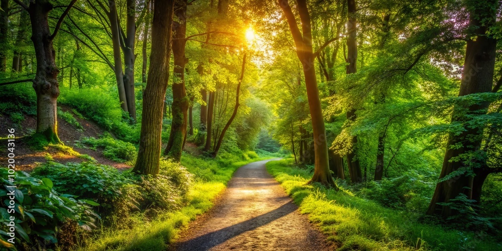 Obraz premium Tranquil Scene of Nature Walk with Soft Footsteps on a Path Surrounded by Lush Greenery and Trees
