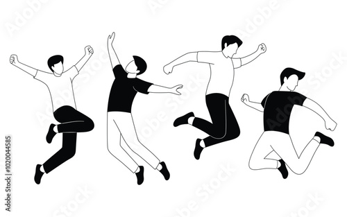 A group of men jumping with trendy line design style vector illustration