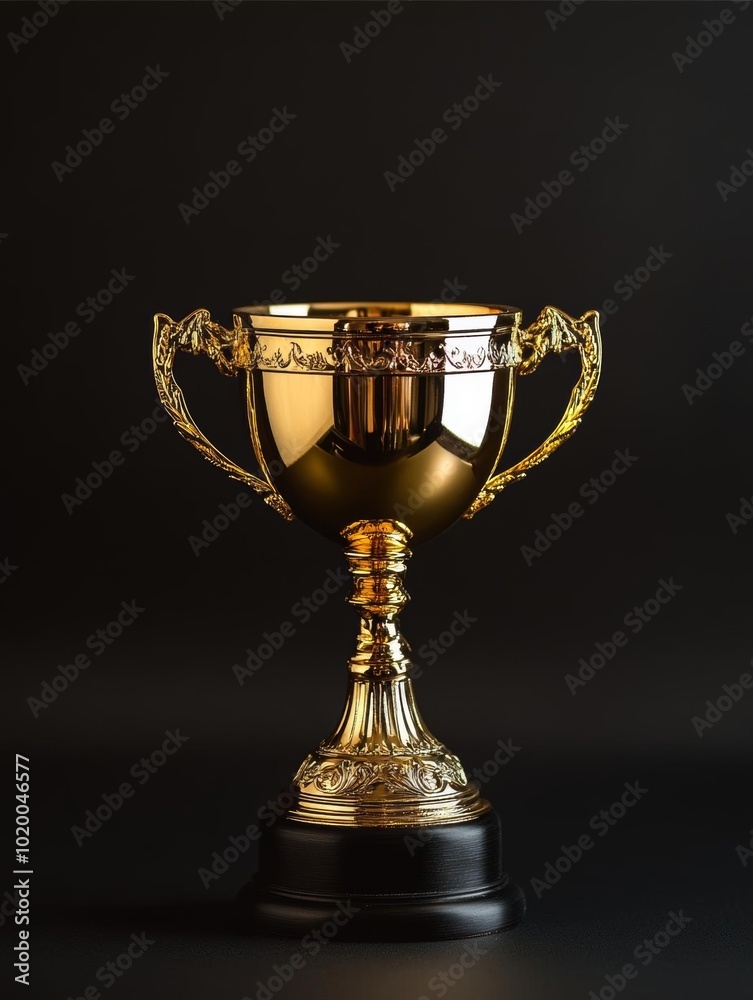 A shiny golden trophy with intricate details, symbolizing achievement and success against a dark background. A shiny golden trophy with intricate details, symbolizing achievement and success against a dark background.