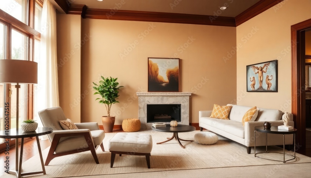 Elegant living room with Mid-Century design elements, showcasing a classic lounge chair, a stylish side table, and warm beige walls with rich wood trim. Elegant living room with Mid-Century design elements, showcasing a classic lounge chair, a stylish side table, and warm beige walls with rich wood trim.
