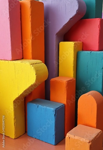 A vibrant arrangement of wooden blocks in various colors, showcasing a modern, abstract design with dynamic shapes photo