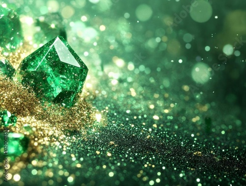A stunning close-up of sparkling green emeralds surrounded by shimmering gold dust, creating a captivating and luxurious atmosphere.