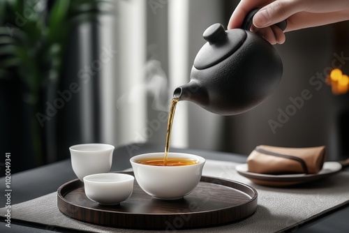 A close-up of a hand pouring freshly brewed tea from a dark teapot into a white ceramic cup, set on a wooden tray with steam rising, evoking a calm and serene tea-drinking moment